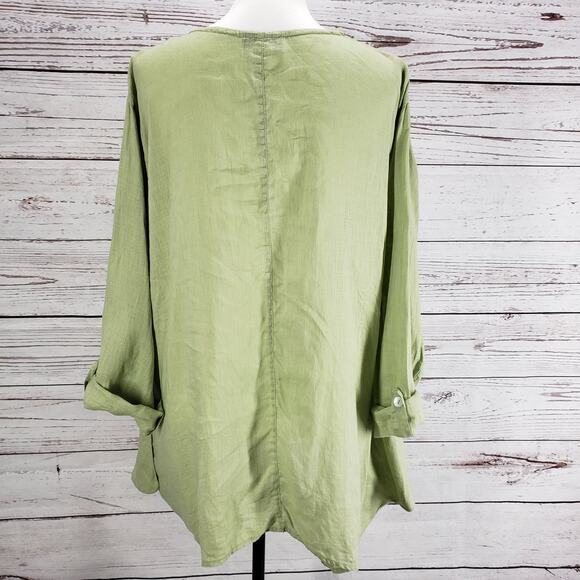 B. HADIKUSUMO Green 100%Linen Shark Bite Hem Roll Tab Sleeve Top Size XL - Picture 12 of 12